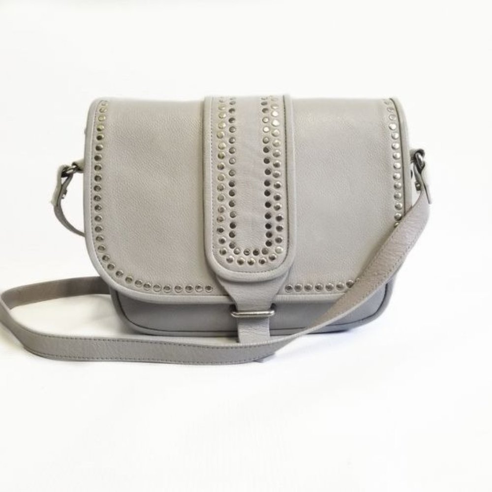 Topshop Gray Premium Leather Studded Saddle Bag Crossbody Flap